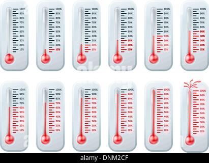 Serie di illustrazioni di termometri mostra temperature crescenti, ultimo uno scoppio. Possono essere utilizzati per illustrare i progressi compiuti Illustrazione Vettoriale