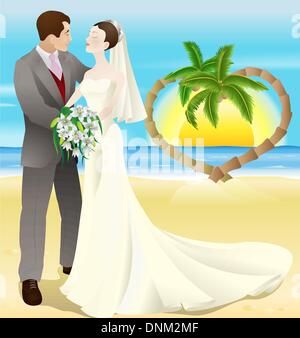 Una destinazione tropicale sulla spiaggia illustrazione di nozze. La sposa e lo sposo sposi su una spiaggia tropicale. Palme formano un cuore di shap Illustrazione Vettoriale