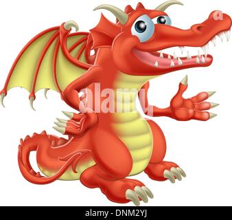 Disegno di un simpatico happy red dragon character Illustrazione Vettoriale