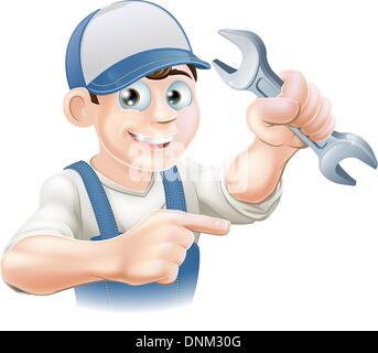 Un idraulico, meccanico o un ingegnere in tute di puntamento e in possesso di una chiave o di una chiave Illustrazione Vettoriale