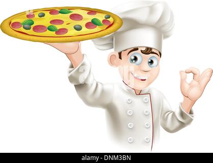 Pizza Chef facendo un segno in buone condizioni e con in mano una gustosa pizza cercando Illustrazione Vettoriale