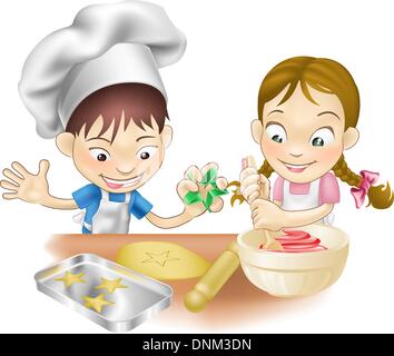 Una illustrazione di due bambini che si divertono in cucina Illustrazione Vettoriale