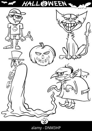 Cartoon illustrazione del Bianco e del nero di Halloween Set di temi per il libro da colorare o pagina Illustrazione Vettoriale