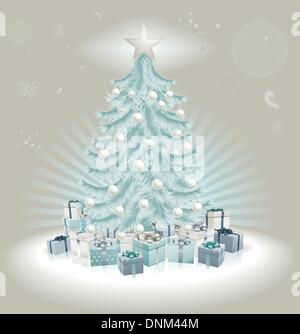 Natale blu argento albero di Natale, sfere e doni. Illustrazione Vettoriale