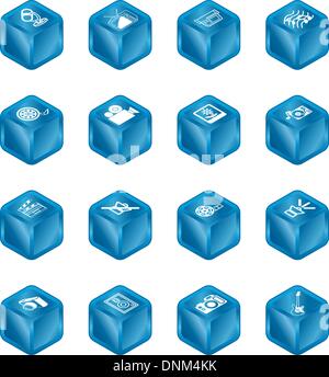 Una serie di icone del cubo relative ai vari tipi di supporti di stampa. Illustrazione Vettoriale