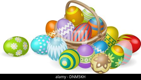 Illustrazione di colorati dipinti di uova di Pasqua in un cesto di vimini Illustrazione Vettoriale