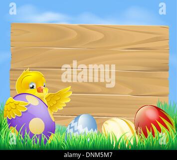 Giallo di pollo di Pasqua e dipinte di cioccolato uova di Pasqua con un fustellato cartello in legno per il tuo messaggio Illustrazione Vettoriale