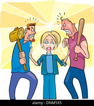 Illustrazione di due arrabbiato gli uomini ad andare a combattere e calma la donna artefice di pace Illustrazione Vettoriale