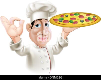 Un felice Italian pizza chef facendo un gesto okay e tenendo una gustosa pizza. Illustrazione Vettoriale