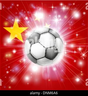 Bandiera della Cina soccer sfondo con articoli pirotecnici o burst di luce e di calcio palla al centro Illustrazione Vettoriale