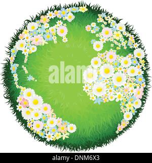 Un mondo globo terrestre con continenti fatto di fiori e mari come l'erba. Concetto per questioni ambientali o la pace. Illustrazione Vettoriale