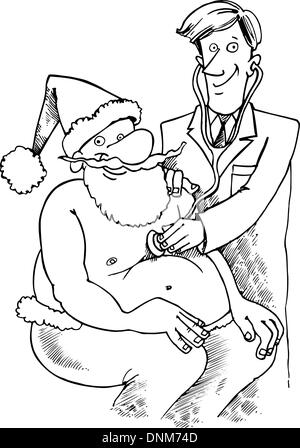 Illustrazione del fumetto di Santa Claus o Babbo Natale o Papa Noel al medico per l'esame per libro da colorare o pagina Illustrazione Vettoriale