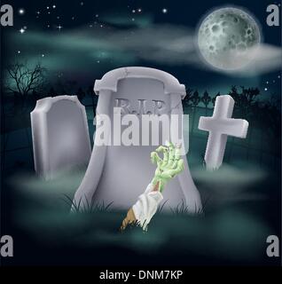 Orrore illustrazione di un undead zombie della mano e del braccio di raggiungere al di fuori di un spooky grave Illustrazione Vettoriale