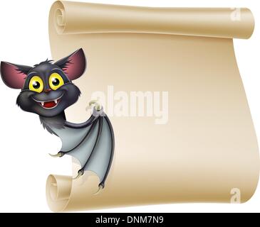 Una illustrazione di un cartoon carino Halloween vampire bat peeping attorno a un segno di scorrimento e che mostra ciò che è scritto su di esso. Illustrazione Vettoriale
