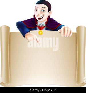 Una illustrazione di un cartoon carino il conte Dracula vampire character rivolti a un segno di scorrimento. Perfetto per il vostro segno di Halloween o Illustrazione Vettoriale