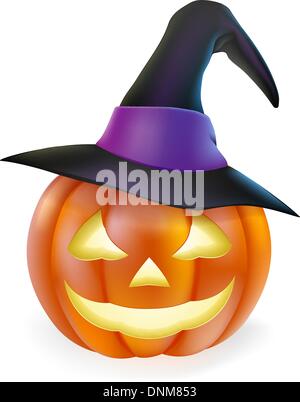 Una illustrazione di un cartoon carino scolpite Halloween zucca lanterna con sorriso e ha sottolineato witch hat Illustrazione Vettoriale