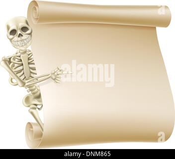 Una illustrazione creepy scheletro peeping round a scorrere banner e mostra ciò che è scritto su di esso. Illustrazione Vettoriale