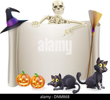 Un Halloween segno di scorrimento con uno scheletro di carattere al di sopra del banner e zucche e della strega, gatti hat e manico Illustrazione Vettoriale
