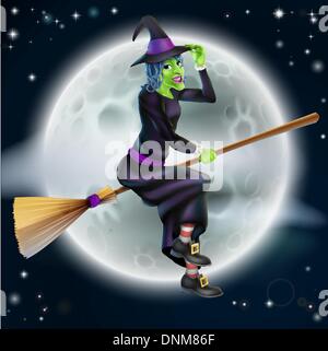 Un cartoon Halloween carattere strega battenti di fronte a una grossa luna piena Illustrazione Vettoriale