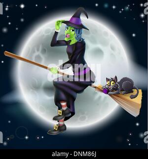 Un felice cartoon Halloween strega battenti sul suo bastone di scopa con il suo gatto nero e una luna piena in background Illustrazione Vettoriale