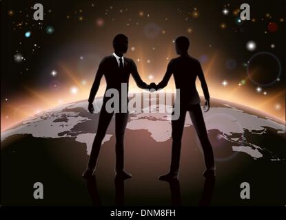 Global business o il concetto di networking, business uomini stringono le mani in accordo sulla mappa del mondo Illustrazione Vettoriale