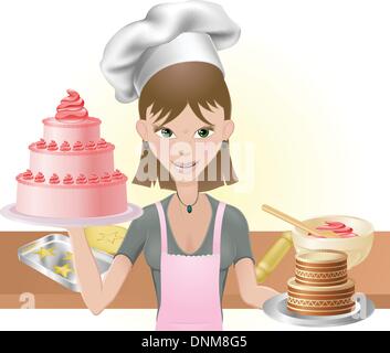 Giovane donna attraente tenendo due torte. Una rosa di un cioccolato con chef hat e utensili da forno Illustrazione Vettoriale