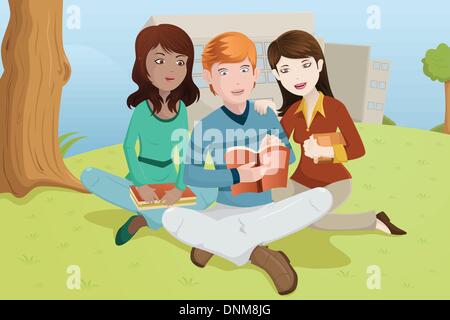 Una illustrazione vettoriale di multi-etnico gli studenti universitari che studiano all'aperto sull'erba Illustrazione Vettoriale