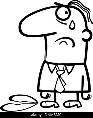 Bianco e Nero Cartoon illustrazione del triste uomo con cuore spezzato per il giorno di San Valentino Illustrazione Vettoriale