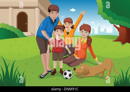 Una illustrazione vettoriale della famiglia felice avendo divertimento con i loro animali da compagnia al di fuori della loro casa Illustrazione Vettoriale