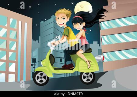 Una illustrazione vettoriale di un giovane in sella a una motocicletta in città per una serata Illustrazione Vettoriale