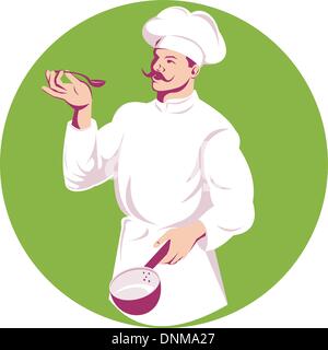 Illustrazione di un chef cuoco o baker fatto in stile retrò holding pentola e cucchiaio Illustrazione Vettoriale