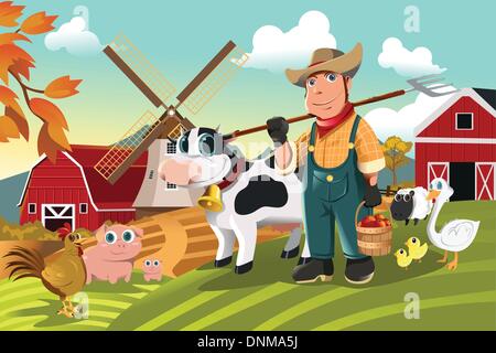 Una illustrazione vettoriale di un agricoltore nella sua fattoria con un mucchio di animali da fattoria Illustrazione Vettoriale
