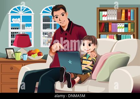 Una illustrazione vettoriale di un padre e suo figlio utilizzando un computer nella stanza vivente Illustrazione Vettoriale