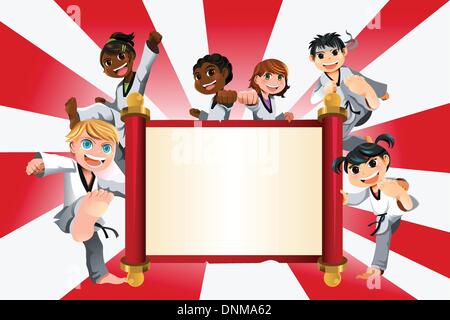Una illustrazione vettoriale di un banner con i bambini a praticare il karate Illustrazione Vettoriale