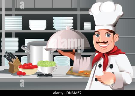 Una illustrazione vettoriale di un ristorante lo chef tenendo un piatto di cibo Illustrazione Vettoriale