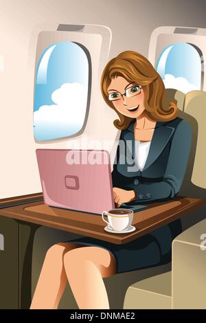 Una illustrazione vettoriale di una imprenditrice lavorando sul suo laptop in aereo Illustrazione Vettoriale