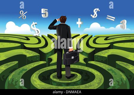 Una illustrazione vettoriale di un imprenditore in un labirinto di fronte a una decisione finanziaria Illustrazione Vettoriale