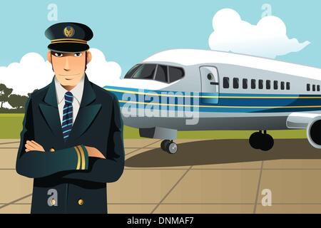 Una illustrazione vettoriale di un aereo pilota nella parte anteriore del piano all'aeroporto Illustrazione Vettoriale