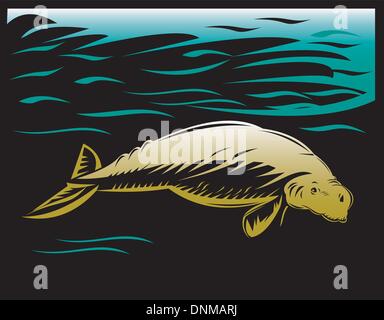 Illustrazione di un dugongo lamantino o mucche di mare underwater fatto rétro xilografia stile. Illustrazione Vettoriale