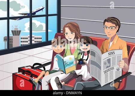 Una illustrazione vettoriale di una famiglia che va in vacanza in attesa in aeroporto Illustrazione Vettoriale