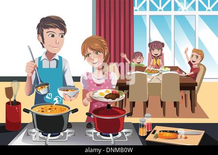 Una illustrazione vettoriale della famiglia ottenere pronto per la cena Illustrazione Vettoriale