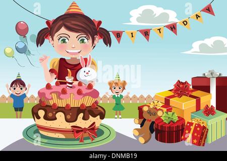 Una illustrazione vettoriale di bambini per celebrare una festa di compleanno Illustrazione Vettoriale
