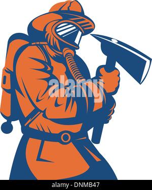 Illustrazione di un vigile del fuoco fire fighter fatto in stile retrò tenendo un'ascia isolato su bianco Illustrazione Vettoriale