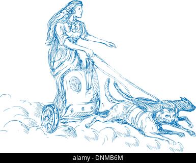 Illustrazione di Freya Norse dea dell amore e della bellezza a cavallo di un carro trainato da due gatti Illustrazione Vettoriale