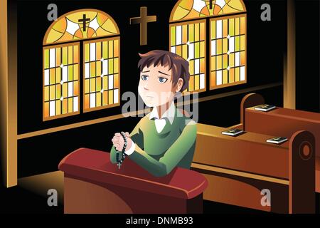 Una illustrazione vettoriale di un uomo cristiano in preghiera nella chiesa Illustrazione Vettoriale