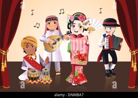 Una illustrazione vettoriale di bambini di diverse etnie di eseguire in una fase Illustrazione Vettoriale