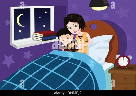 Una illustrazione vettoriale di una madre lettura Bedtime Story a suo figlio Illustrazione Vettoriale