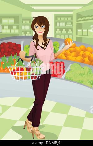 Una illustrazione vettoriale di una bella donna shopping negozio di generi alimentari al supermercato. Parte di "Un giorno nella vita" serie (vedere altri in m Illustrazione Vettoriale