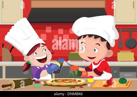 Una illustrazione vettoriale di felici i bambini divertirsi in cucina fare la pizza Illustrazione Vettoriale