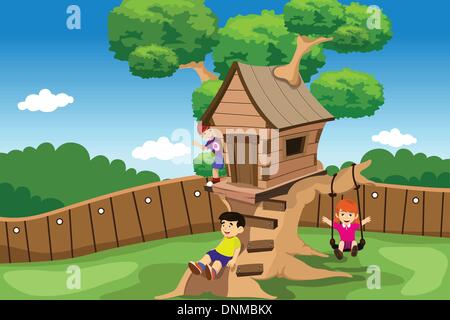 Una illustrazione vettoriale di bambini che giocano in un albero di casa Illustrazione Vettoriale